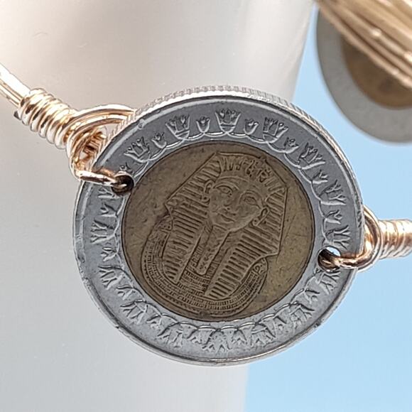 Egyptian One Pound Coin Bangle Bracelet, Three Coins, Wire Wrapped, 7.5 Inches - Picture 3 of 10
